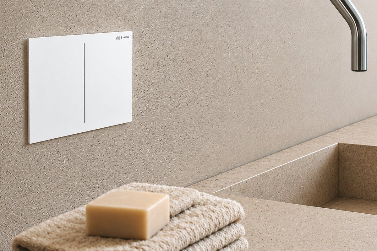 Placa TECO MATRIX blanca empotrada junto al lavabo